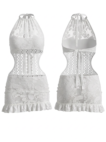 Resort-Style Sexy Backless Halter Knit Mini Beach Dress