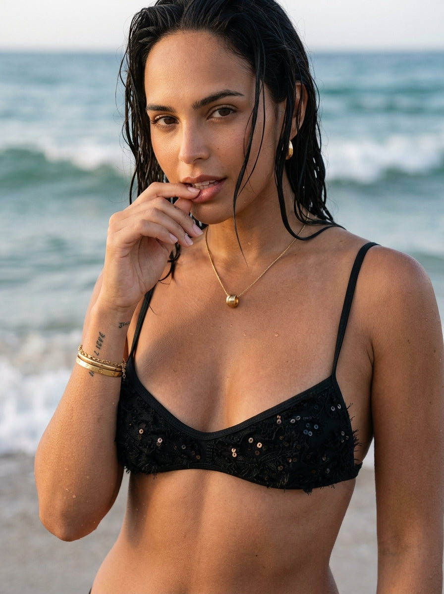 Black Fuzzy Sequin Spaghetti Strap Bikini Set