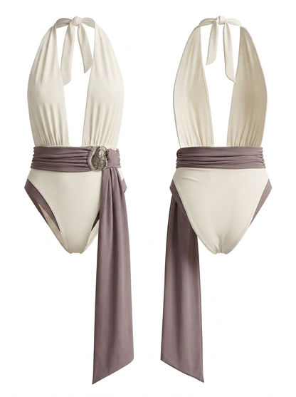 White & Brown Contrast Color Halter Deep V Metal Buckle Belt One-Piece
