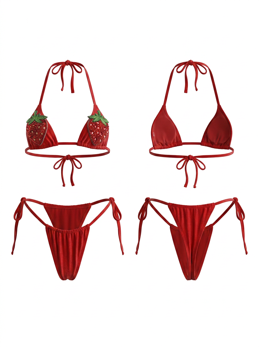 Red Sequin Strawberry Halter Tie Side Triangle Bikini