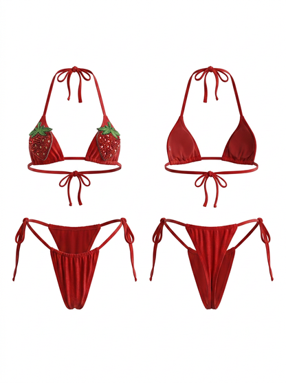 Red Sequin Strawberry Halter Tie Side Triangle Bikini