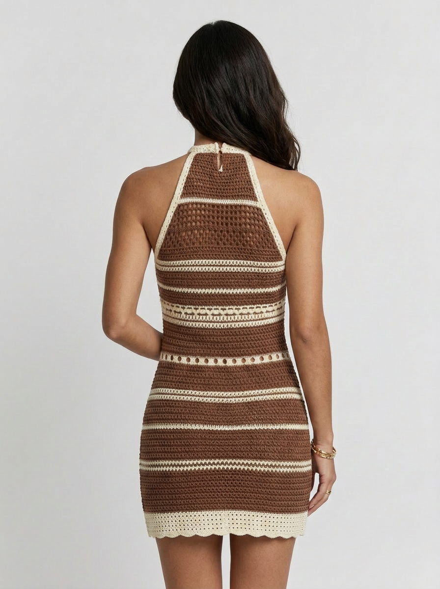 Vacation Brown & White Striped Crochet Halter Beach Cover-Up Dress