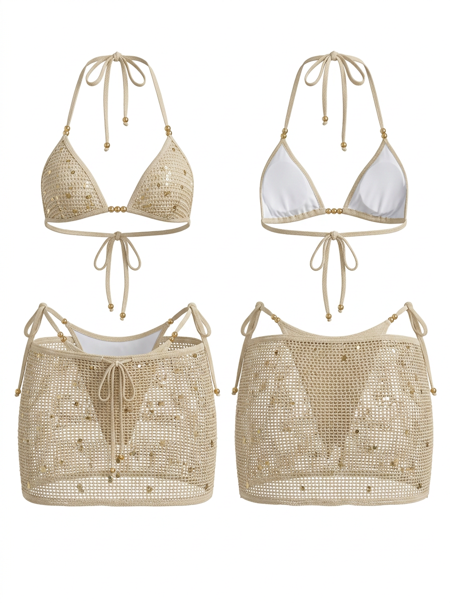 Off-White Textured Fabric with Gold Bead & Mesh Skirt 3-Piece Bikini Set