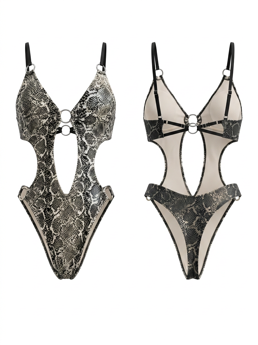 Snake Print Deep V Cutout One-Piece