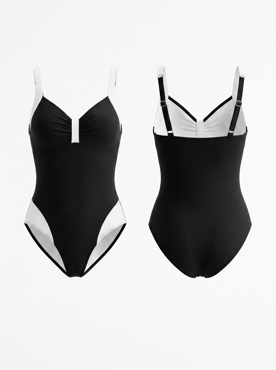 Black & White Color-Blocked V-Neck One-Piece
