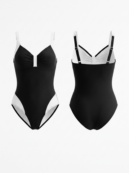 Black & White Color-Blocked V-Neck One-Piece