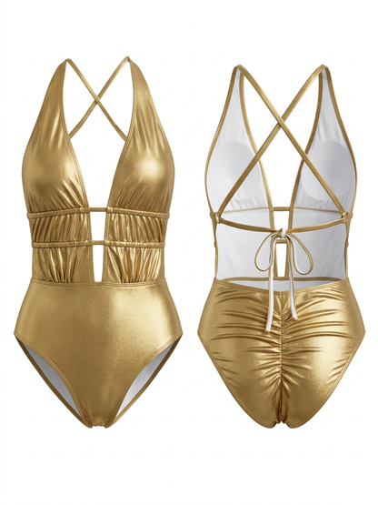Metallic Gold Shiny Halter Deep V Cross-Back One-Piece