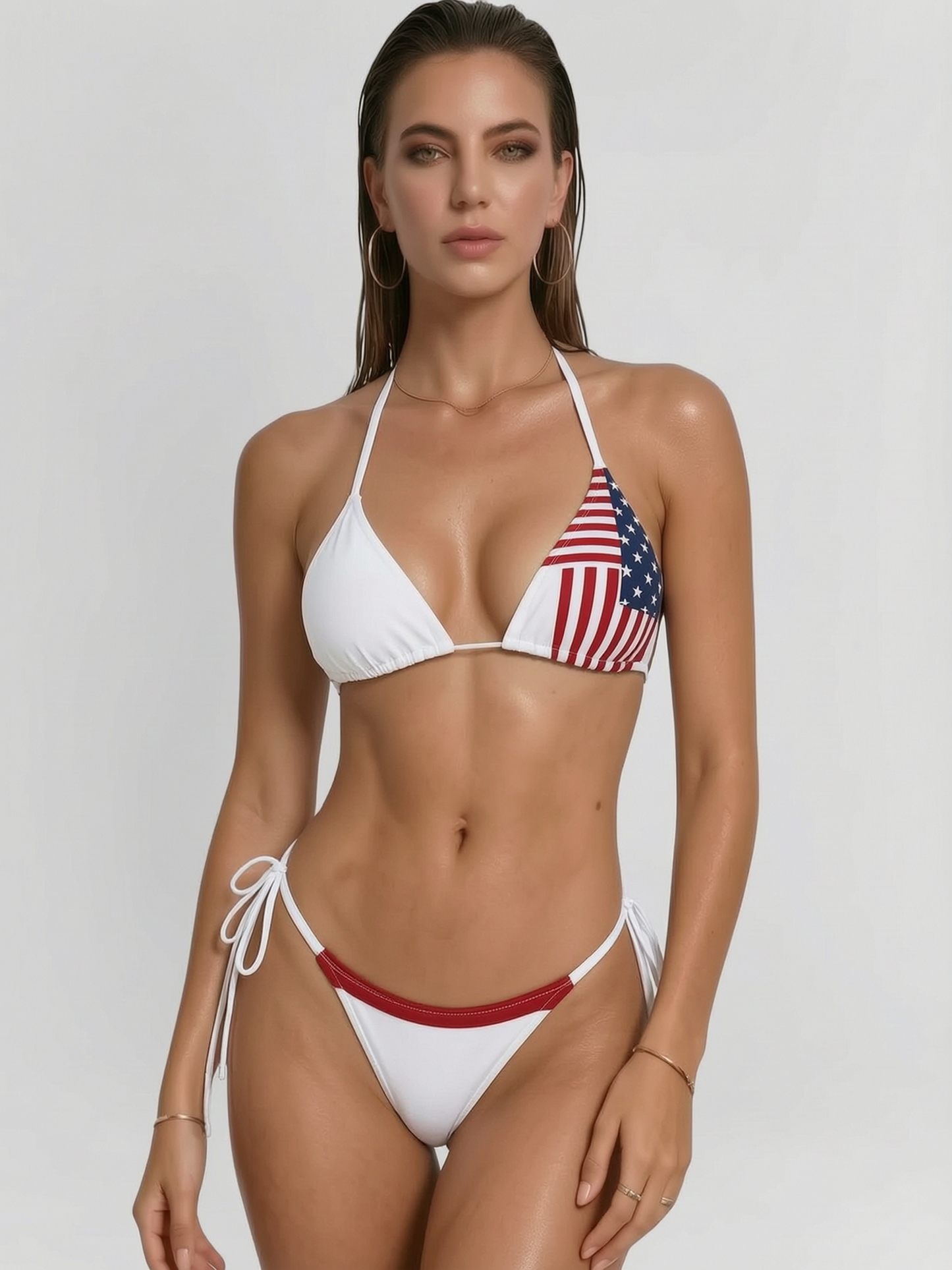 American Flag Print Halter Tie-Side Bikini