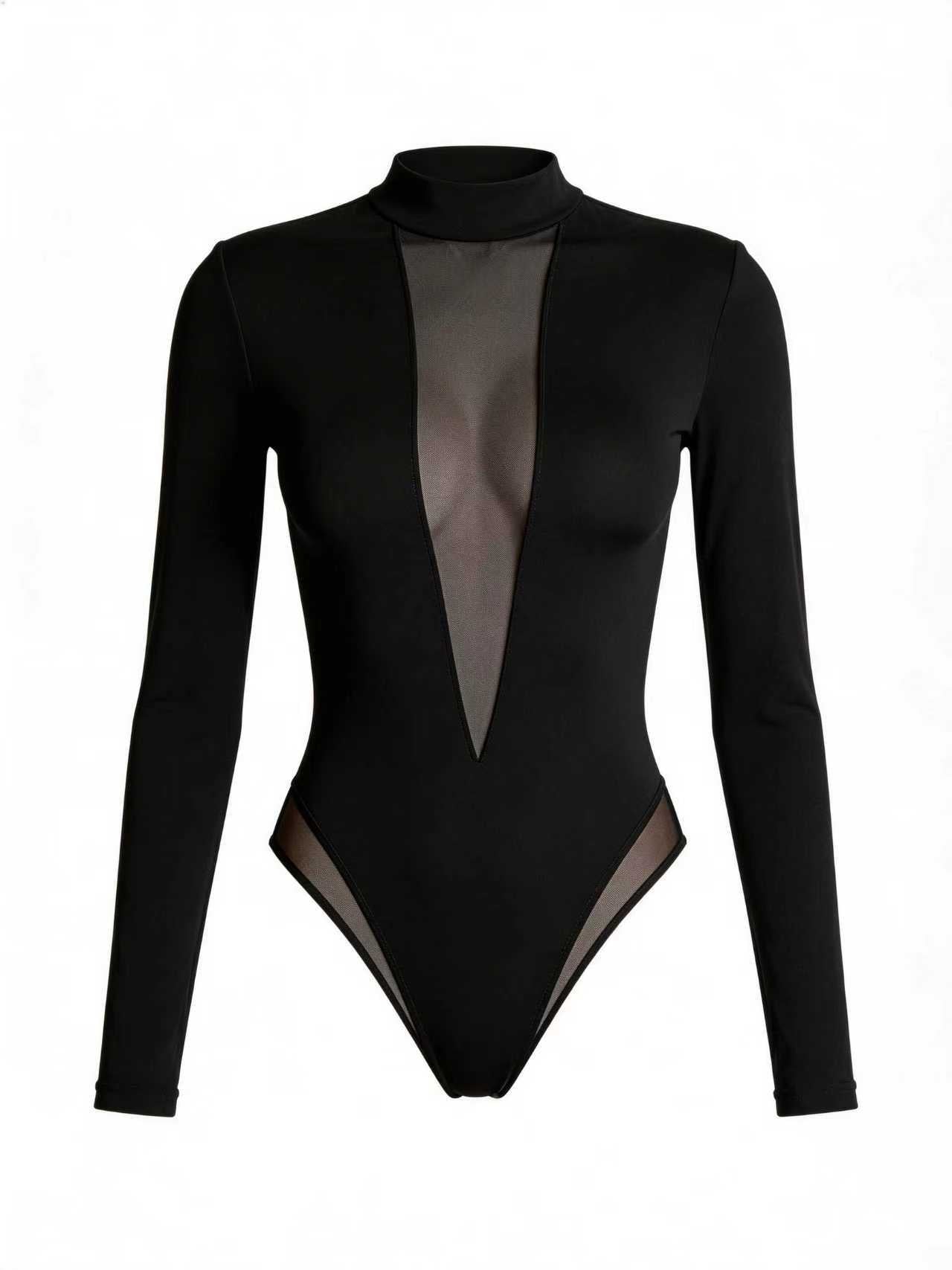 Sexy Deep V See-Through Mesh Patchwork Long Sleeve Bodysuit
