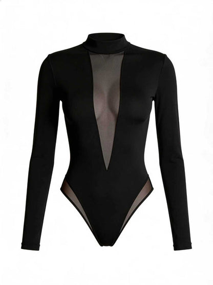 Sexy Deep V See-Through Mesh Patchwork Long Sleeve Bodysuit