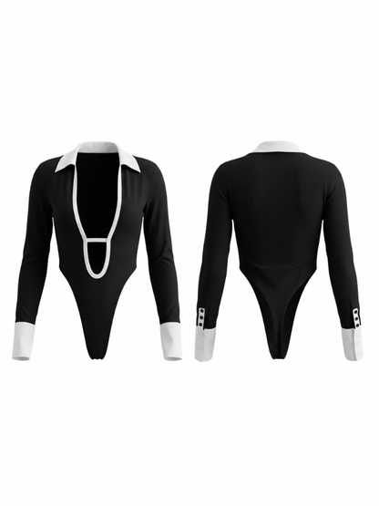 Fashion Sexy Slim-Fit Polo Collar Cut-Out High-Elastic Long-Sleeve Bodysuit