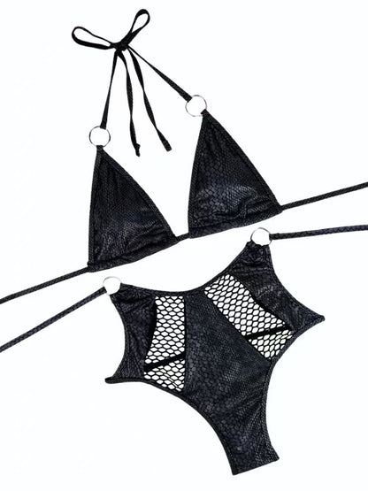 Sexy Faux Leather Snake Print Fishnet Bikini Set