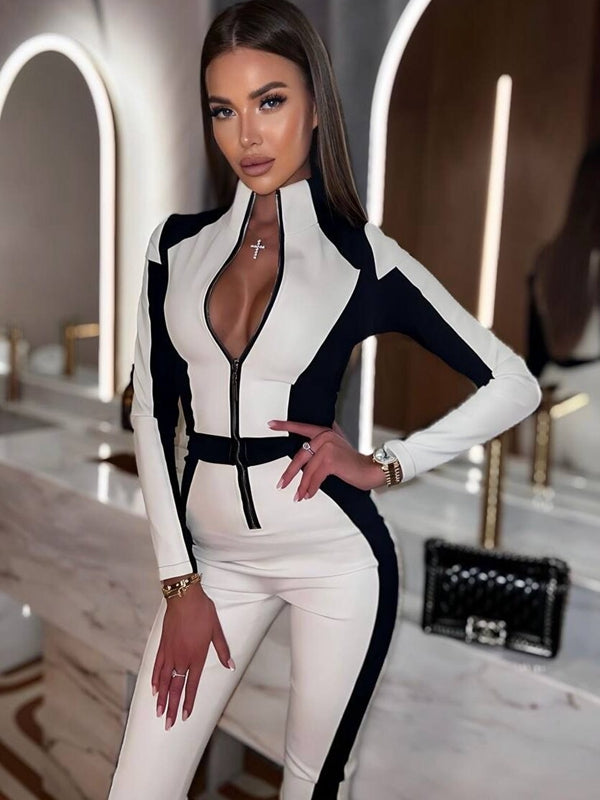 ❤"SciFi Heroine" Contrast Color PU Half Zipper Ski Jumpsuit