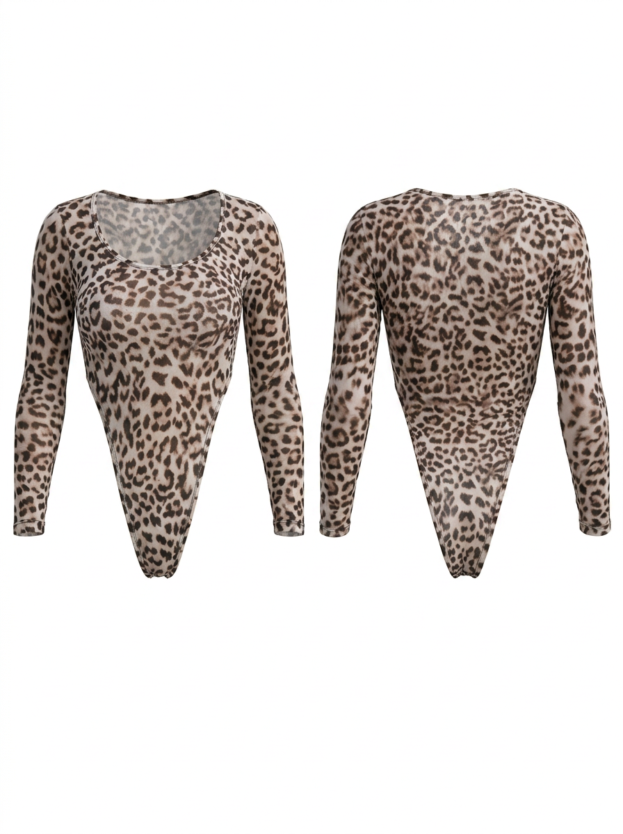 Sexy Sheer Mesh Leopard Print Fitted Long Sleeve Bodysuit