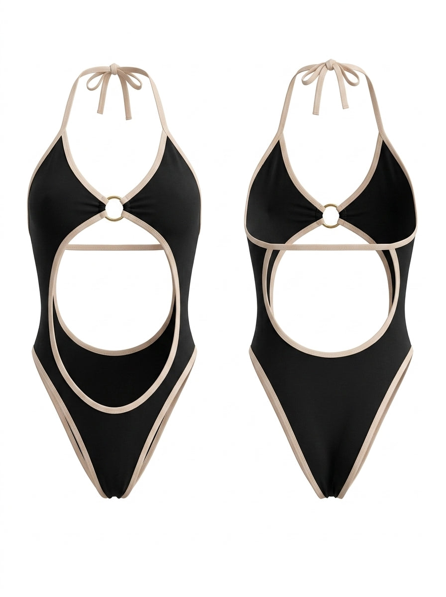 Black White Contrast Trim Cutout O-Ring Halter One Piece