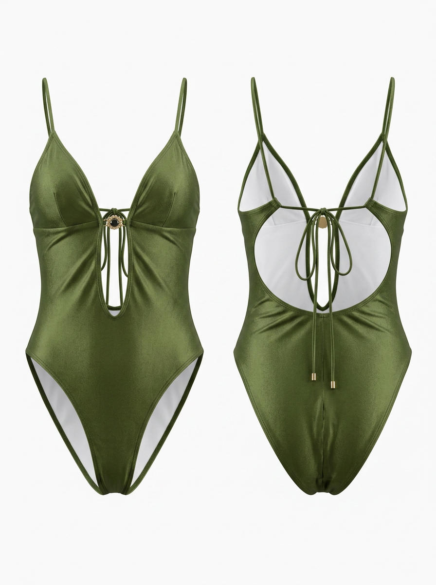 Olive Green Shiny Backless Tie-Top One-Piece