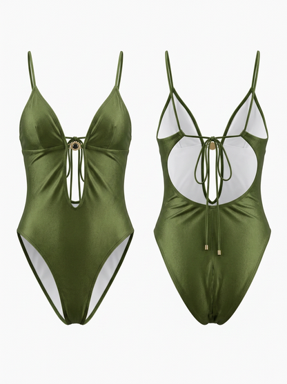 Olive Green Shiny Backless Tie-Top One-Piece