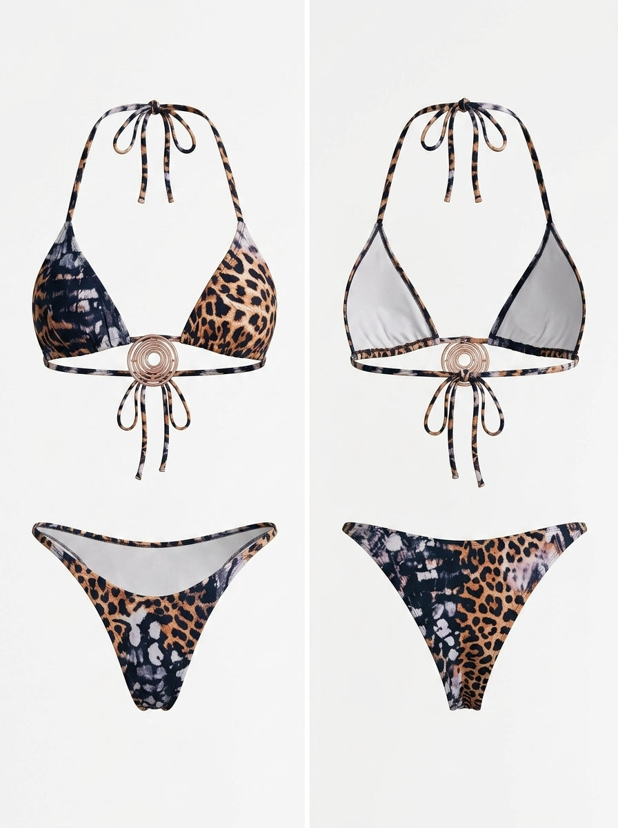 Leopard Print Halter Triangle Top & Low-Rise Thong Bikini