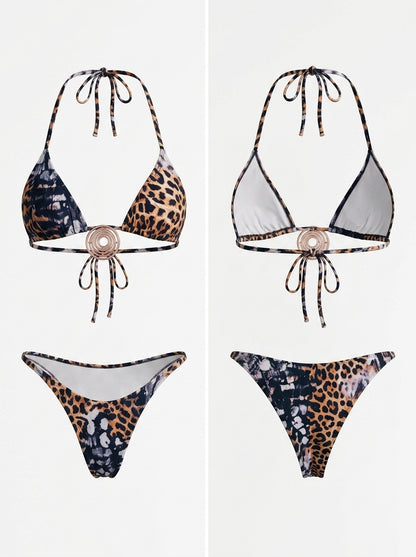 Leopard Print Halter Triangle Top & Low-Rise Thong Bikini