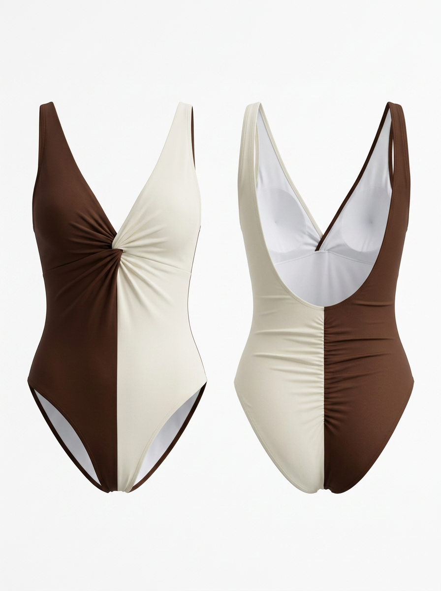 Brown & White Colorblock V-Neck Twisted One-Piece