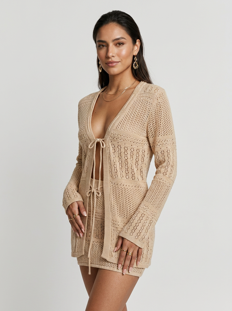 Beige Crochet Knit Cardigan & Mini Skirt Beach Cover-Up Set