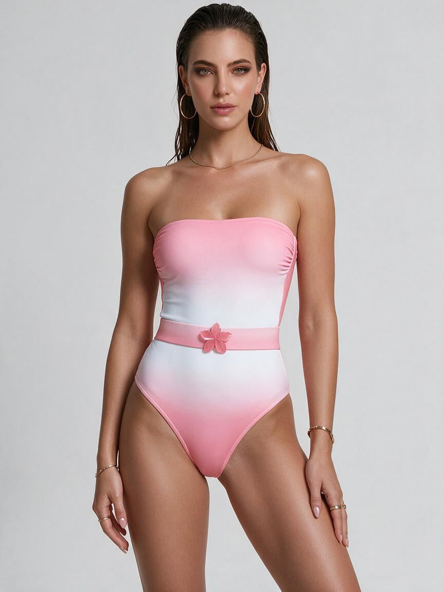 Pink-White Ombre Strapless One-Piece Swimsuit with Flower Accent