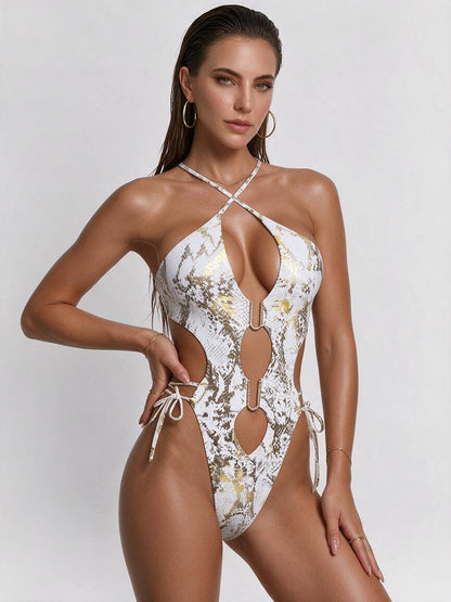 White & Gold Snake Print Halter Cutout One-Piece