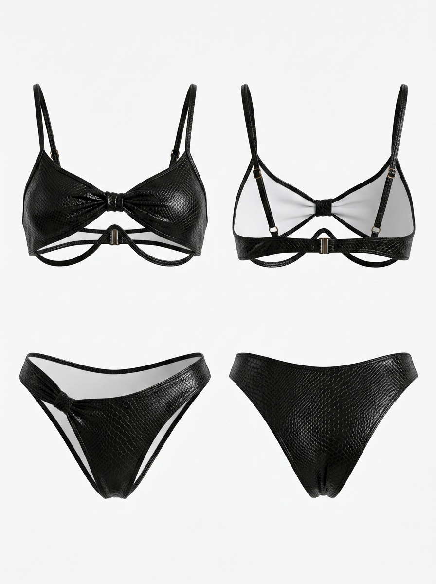 Faux Leather Snake Print Cutout Bikini Set