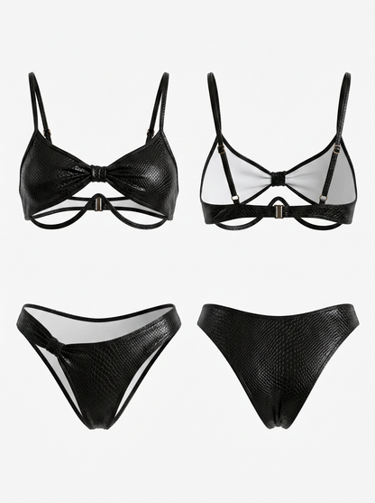 Faux Leather Snake Print Cutout Bikini Set