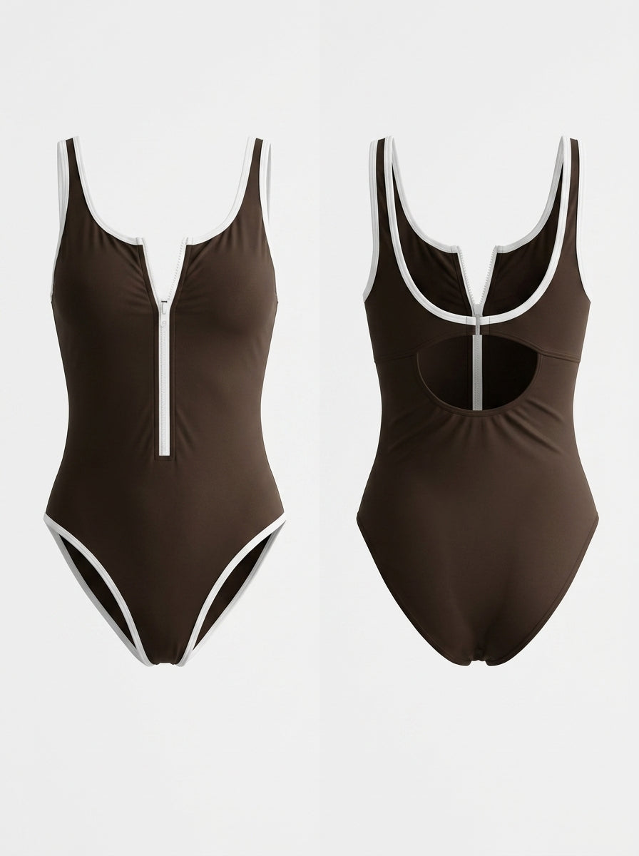 Brown & White Color-Blocked Front-Zipper One-Piece
