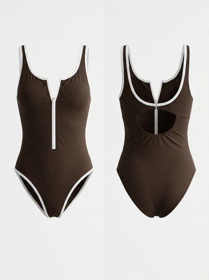 Brown & White Color-Blocked Front-Zipper One-Piece