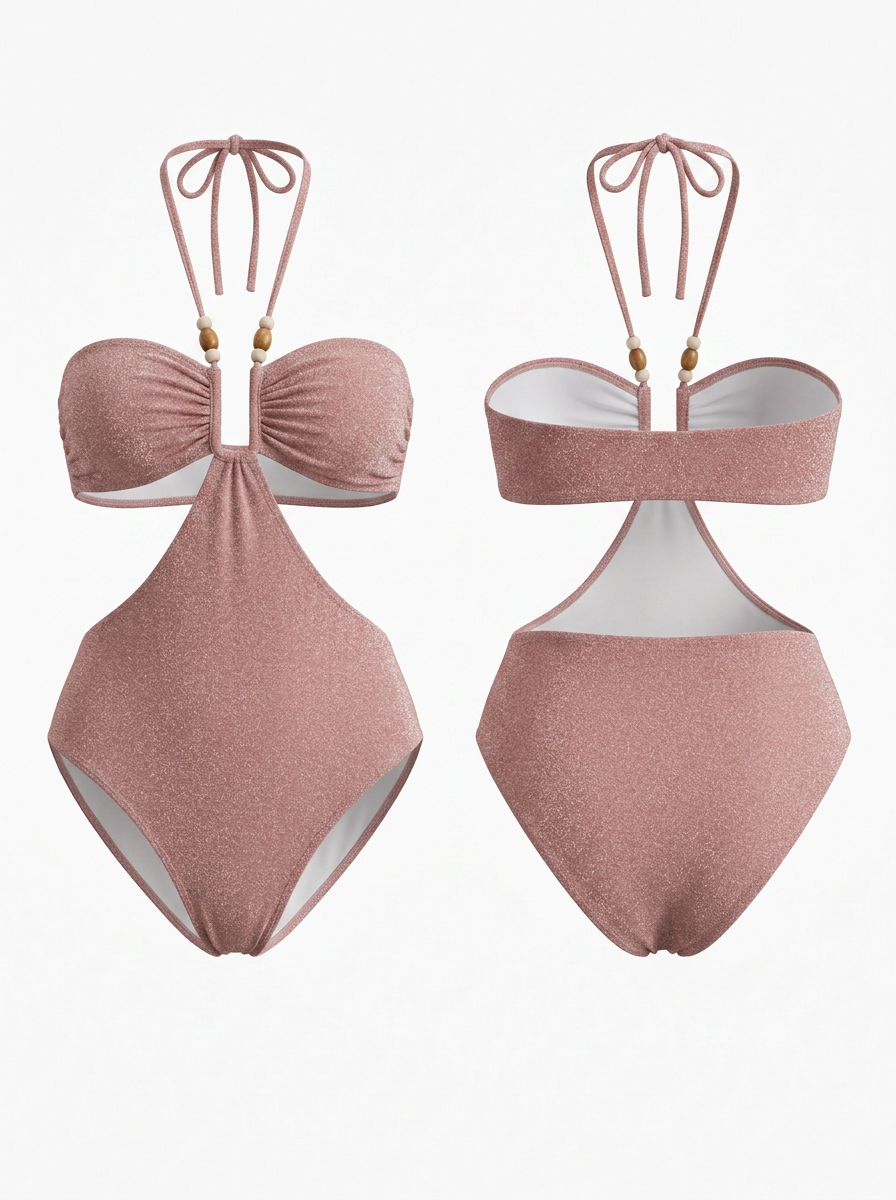 Beaded Halter Cutout Shimmery One Piece