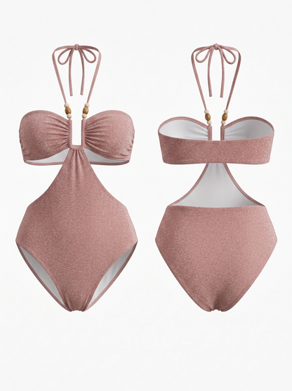 Beaded Halter Cutout Shimmery One Piece