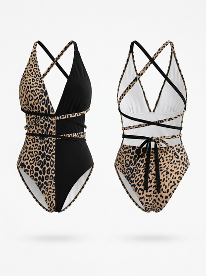 Leopard & Black Color Block Halter One-Piece