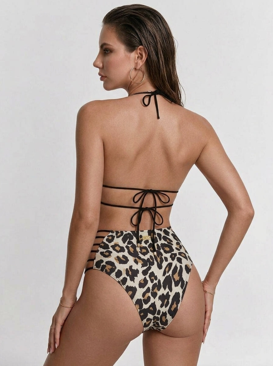 Leopard Print O-Ring Halter Bikini Set