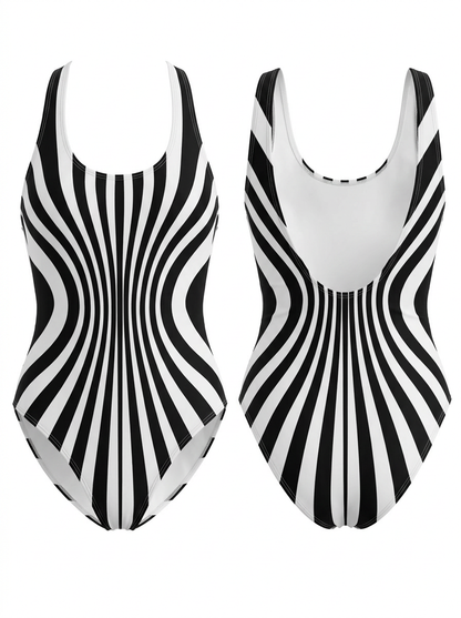 Black & White Optical Illusion Striped U-Neck One-Piece