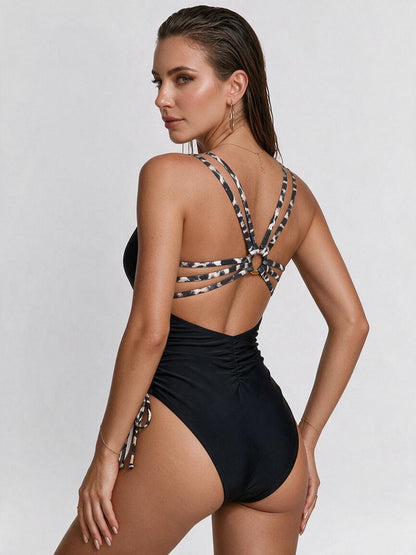 Black & Leopard Print Cutout Drawstring One-Piece