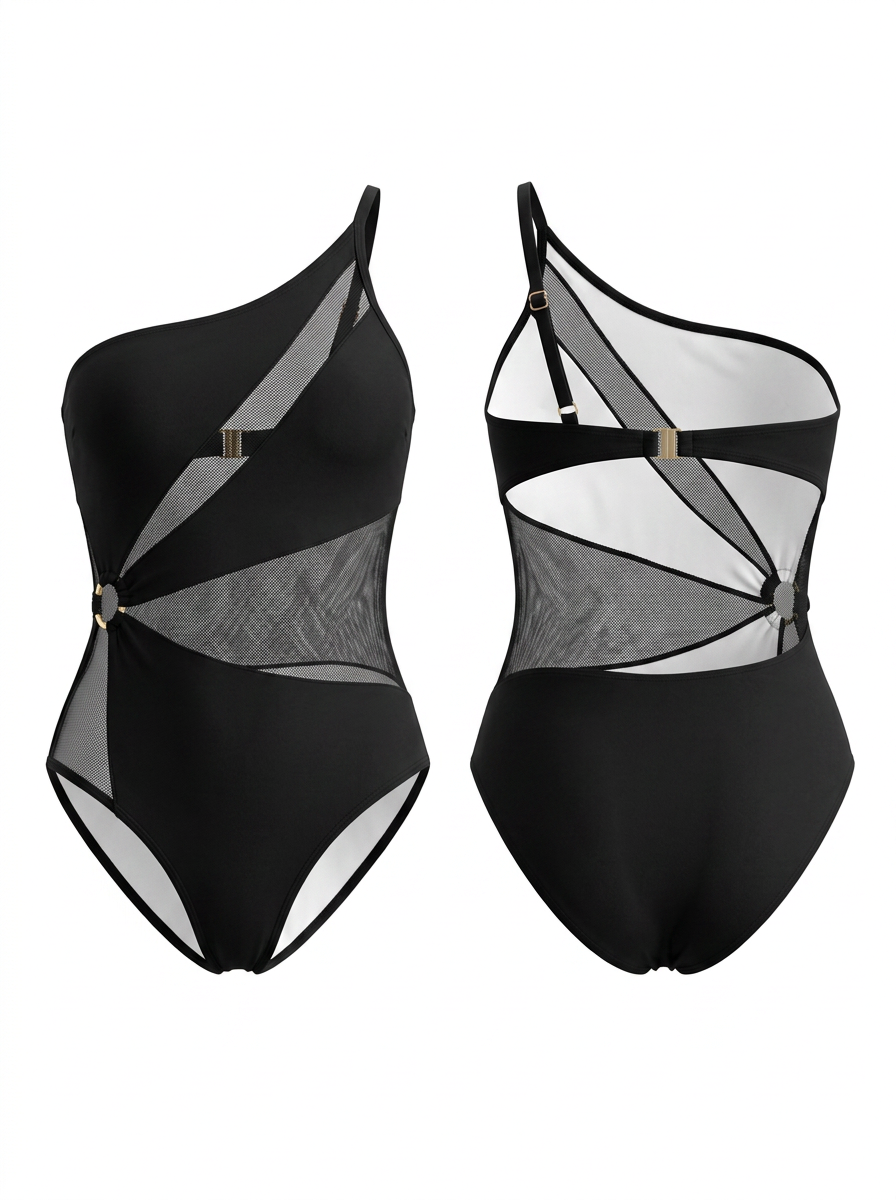 Black One-Shoulder Sheer Mesh Cutout Knotted One-Piece