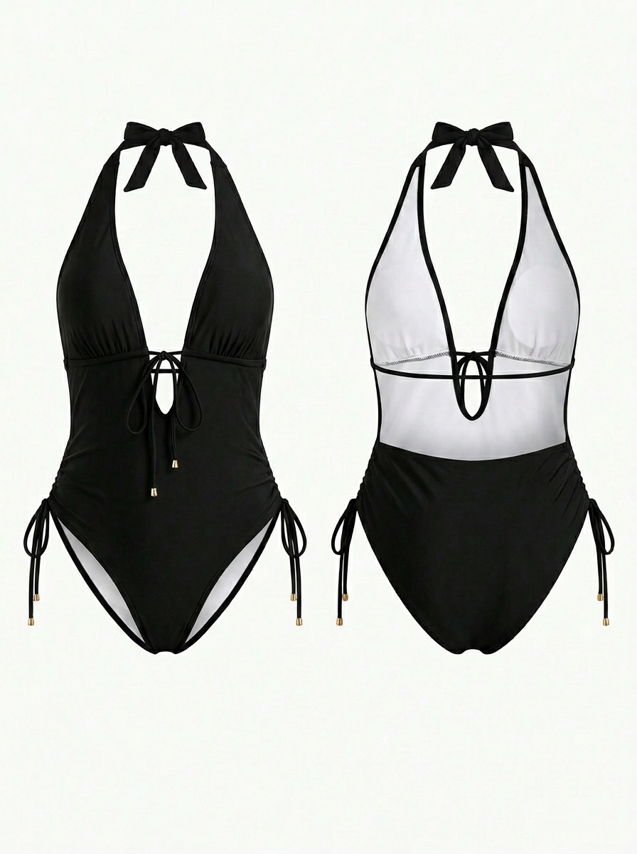Black Halter Tie Backless Side Drawstring High Cut One Piece