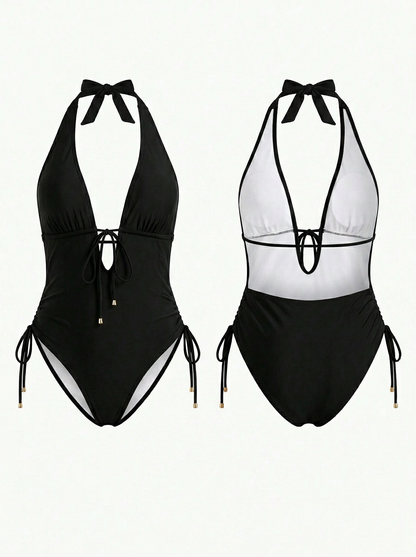 Black Halter Tie Backless Side Drawstring High Cut One Piece