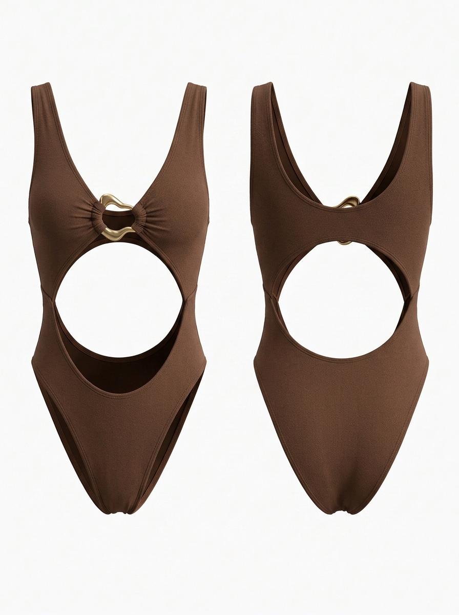 Brown One-Piece Swimsuit with Gold Ring Cutout Detail