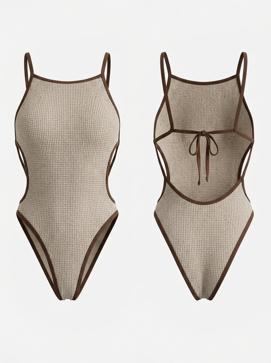 Light Brown Crinkle One-Piece Swimsuit with Dark Brown Trim & Tie Back