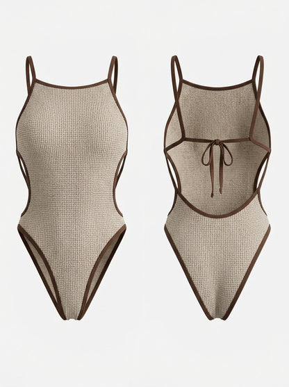Light Brown Crinkle One-Piece Swimsuit with Dark Brown Trim & Tie Back