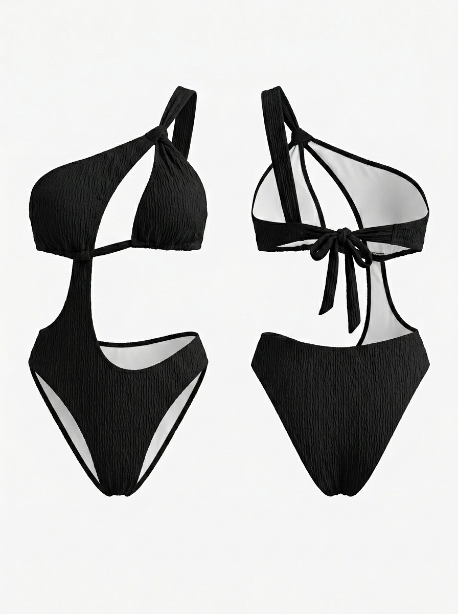 Black Textured One-Shoulder Cutout One-Piece