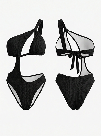 Black Textured One-Shoulder Cutout One-Piece