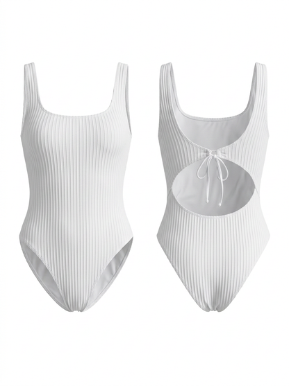 White Ribbed Square Neck One-Piece