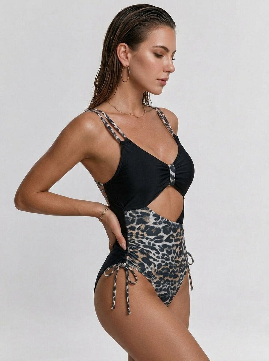 Black & Leopard Print Cutout Drawstring One-Piece