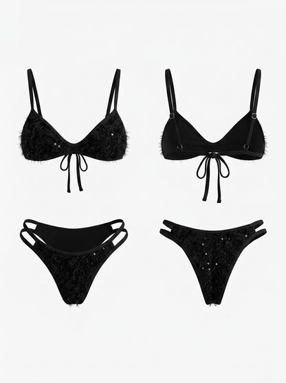 Black Fuzzy Sequin Spaghetti Strap Bikini Set