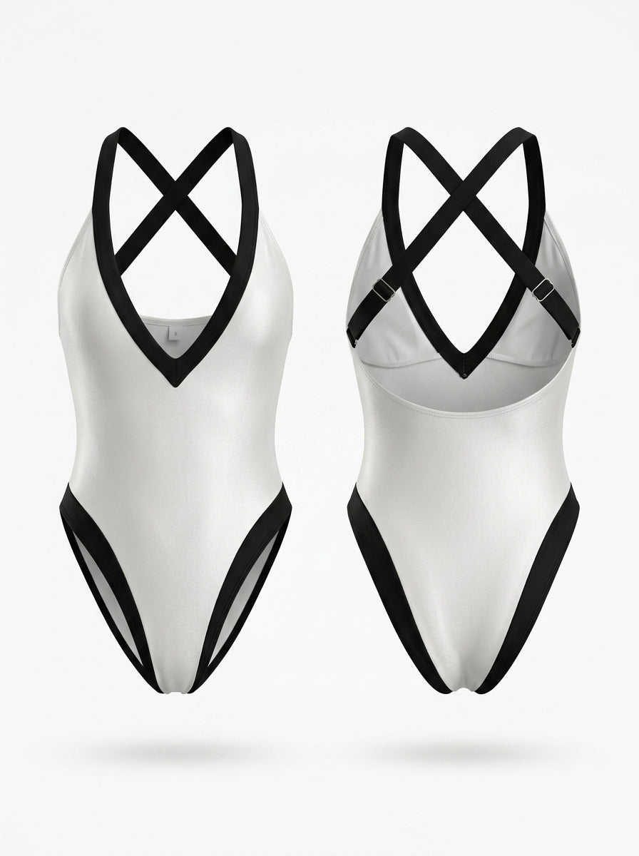 White & Black Contrast Trim V-Neck Halter One-Piece