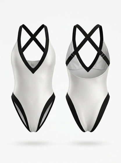 White & Black Contrast Trim V-Neck Halter One-Piece